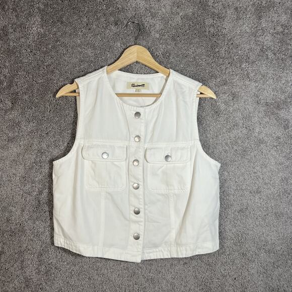 Madewell Womens Vest Crop Denim White Cotton Button Up Pockets Size Large Casual - Picture 1 of 12